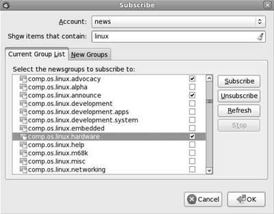 Indicate which newsgroups you want to subscribe to in this dialog box