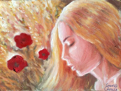 Un chip inocent de fata cu maci rosii pictura tempera - Innocent girl portrait painting