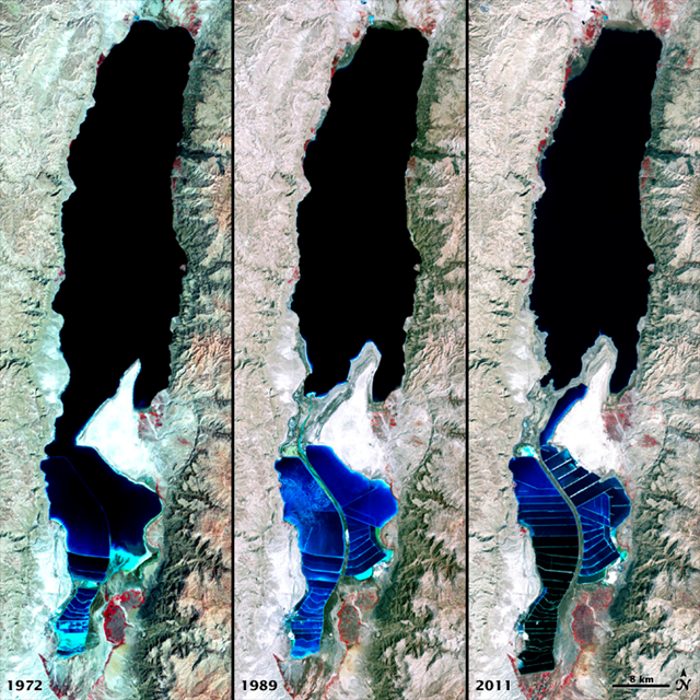 Satellite view of receding Dead Sea, 1972, 1989, and 2011. NASA image by Robert Simmon, using Landsat data from the United States Geological Survey