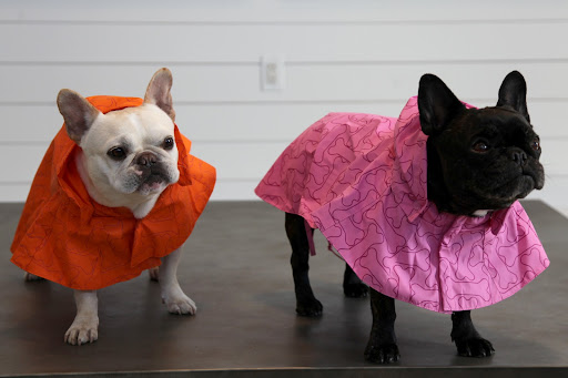 These cleverly designed raincoats provide plenty of coverage to keep us nice and dry.  They even have belly-belt Velcro closures and adjustable hind-leg straps.