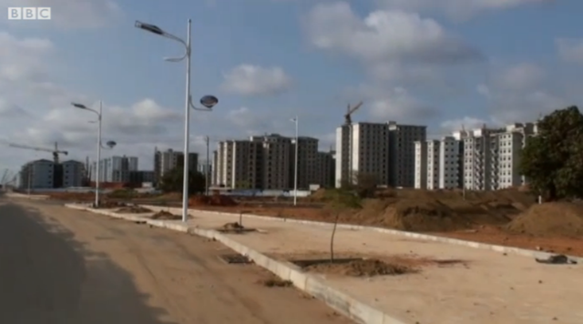 Outside Angola's capital city of Luanda is Nova Cidade de Kilamba, a residential development of 750 eight-story apartment buildings, a dozen schools, and more than 100 retail units. Louise Redvers filmed this footage showing how eerily quiet Nova Cidade de Kilamba is, on 2 July 2012. BBC