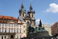 The Jan Hus Memorial, with the Tyn Church behind it