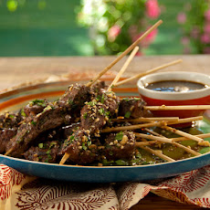 Skewered Lamb with Spicy Pomegranate-Rioja Red Wine Vinaigrette and Mint-Almond Relish