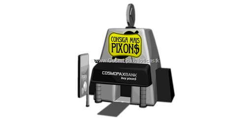 Prédio Cosmopax Bank P&B com placa Compre mais Pixons colorida