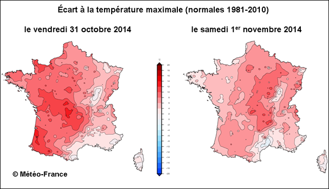 Map of record-breaking high temperatures in France, 31 October 2014 and 1 November 2014. Graphic: Météo-France