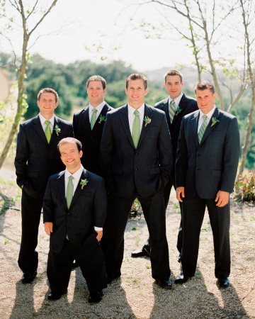 Green ties in different patterns and thistle-and-olive branch boutonnieres accented these guys’ Banana Republic suits. Green ties in different patterns and thistle-and-olive branch boutonnieres accented these guys’ Banana Republic suits.