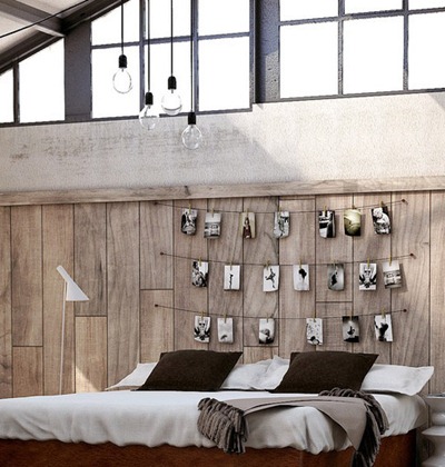 13-eclectic-utilitarian-bedroom-DIY-photo-headboard-feature-wall