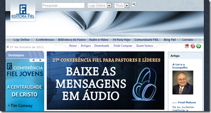 Screenshot da página inicial do site da editora Fiel