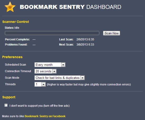 Settingan scanning ekstension Bookmark Sentry di browser Google Chrome