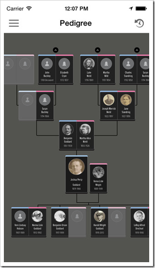 Pedigree view of the FamilySearch - Tree app