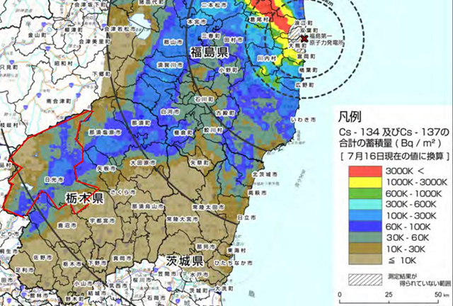 Nikko City is circled in red on the map by MEXT, from the revised 30 August 2011 map. The highest contamination of the soil, according to MEXT, is 100,000 to 300,000 becquerels/square meter for radioactive cesium (134+137). ex-skf.blogspot.com