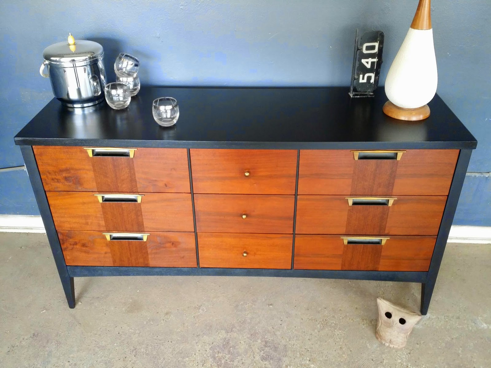 Vintage Ground Mid Century Black And Wood Nine Drawer