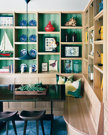 Painting the wall behind natural-colored built-in shelves might be time consuming, but the effect is so worth it, especially in this mesmerizing hue. (www.marthastewart.com) Painting the wall behind natural-colored built-in shelves might be time consuming, but the effect is so worth it, especially in this mesmerizing hue. (www.marthastewart.com)