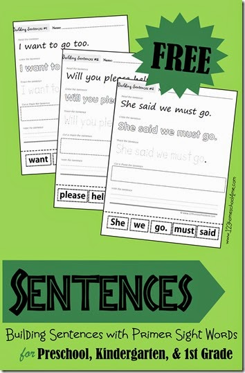 FREE Building Sentences - Learning about Sentences by Building them with Primer Sight Words for Preschool Kindergarten 1st grade (trace, read, write, cut and paste) FREE Building Sentences - Learning about Sentences by Building them with Primer Sight Words for Preschool Kindergarten 1st grade (trace, read, write, cut and paste)