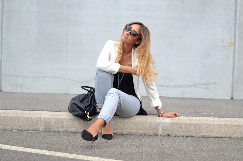 Rifle, Primark, Primark Blazer, Gray Pants, White Blazer, Givenchy, Givenchy Bag, Zara, Zara shoes, Christian Dior Zeli Sunglasse