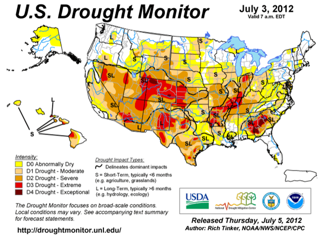 U.S. Dought Monitor, 3 July 2012. More of the United States is in moderate drought or worse than at any other time in the 12-year history of the U.S. Drought Monitor. Rich Tinker / NOAA / NWS / NCEP / CPC / unl.edu