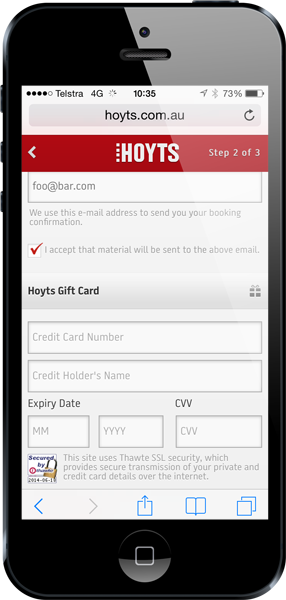 Hoyts payment screen loaded over HTTP