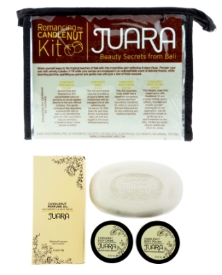 Juara Romancing the Candlenut Set including a Candlenut Soap, Body Polish, Body Creme and Perfume Oil ($30, juaraskincare.com)
