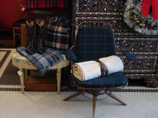 A modern chair with a class pattern of plaid -- from Brimfield in Chicago.