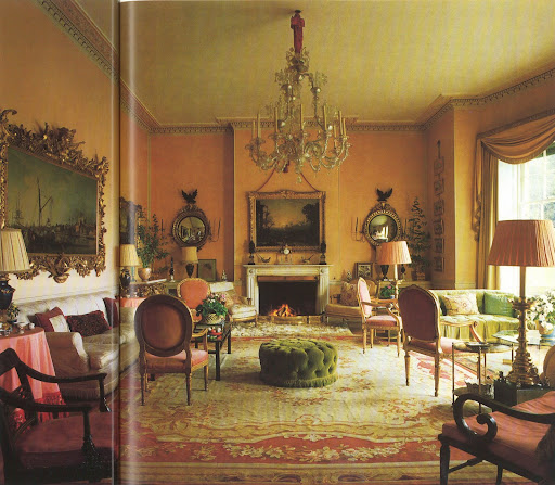 The room is dominated y this lovely Aubusson carpet that obviously inspired the design.