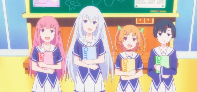 The four main girls in OreShura standing side by side in a classroom each holding a notebook and wearing their school uniforms