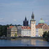 One end of the Charles Bridge - the Klementium (national library), Smetana Museum, and the St. Francis of Assisi chruch