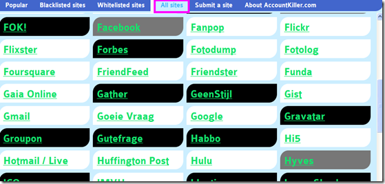 AccountKiller lista social network AccountKiller lista social network