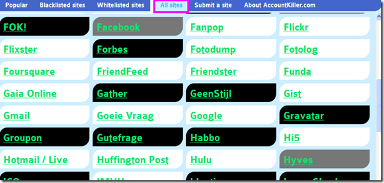 AccountKiller lista social network