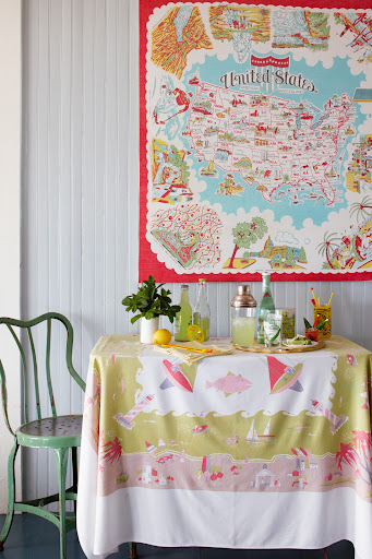 The United States map textile was stretched over a wooden frame to create this piece. (Martha Stewart Living, July 2010)