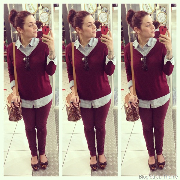 look burgundy vinho bordô camisa jeans e onça