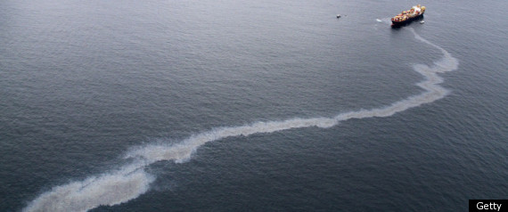 TAURANGA, NEW ZEALAND - OCTOBER 9: An oil slick is seen coming from the grounded vessel Rena, on October 9, 2011 in Tauranga, New Zealand. The 47,000 tonne Rena, a Liberan container vessel, struck a reef on Wednesday causing an oil leak that has spread over five kilometres. Authorities are preparing for the worst environmental disaster in New Zealand history should the vessel break up and spill 1,700 tonnes of fuel into the Bay of Plenty. Ross Brown / SUNLIVE New Zealand / Getty Images