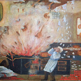 Disastro in cucinaBossi Aldo/Gravellona Toce/Per Grazia Ricevuta/Nello scoppio del bollitore/Albergo Eliseo Roma 22-10-1925Fatto realmente accaduto a un immigrato nella Capitale. Interessante l'escamotage della Madonna trasformata in quadro sovraporta.