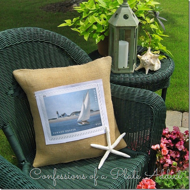 CONFESSIONS OF A PLATE ADDICT Burlap and Canvas Sailboat Pillow CONFESSIONS OF A PLATE ADDICT Burlap and Canvas Sailboat Pillow