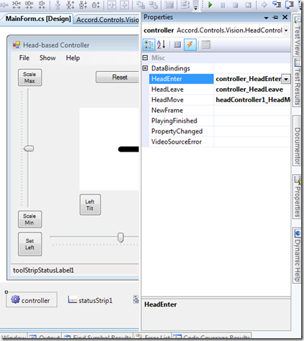 Setting events for head movements using Accord.NET Controller Components
