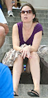 Sitting on a step blue stripey knickers