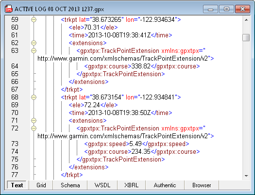 Fragment of an XML document following the GPX XML Schema
