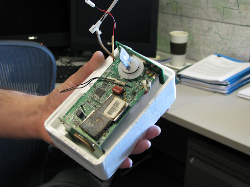Attached to the weather ballon, this device collects data on wind speed and the amount of moisture in the air. It then sends that data back to the Springfield office.
(Photo credit: Jennifer Moore)