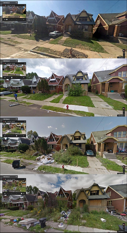 Hickory Street in Detroit, photographed in 2008, 2009, 2011, and 2013. Photo: Scarbane