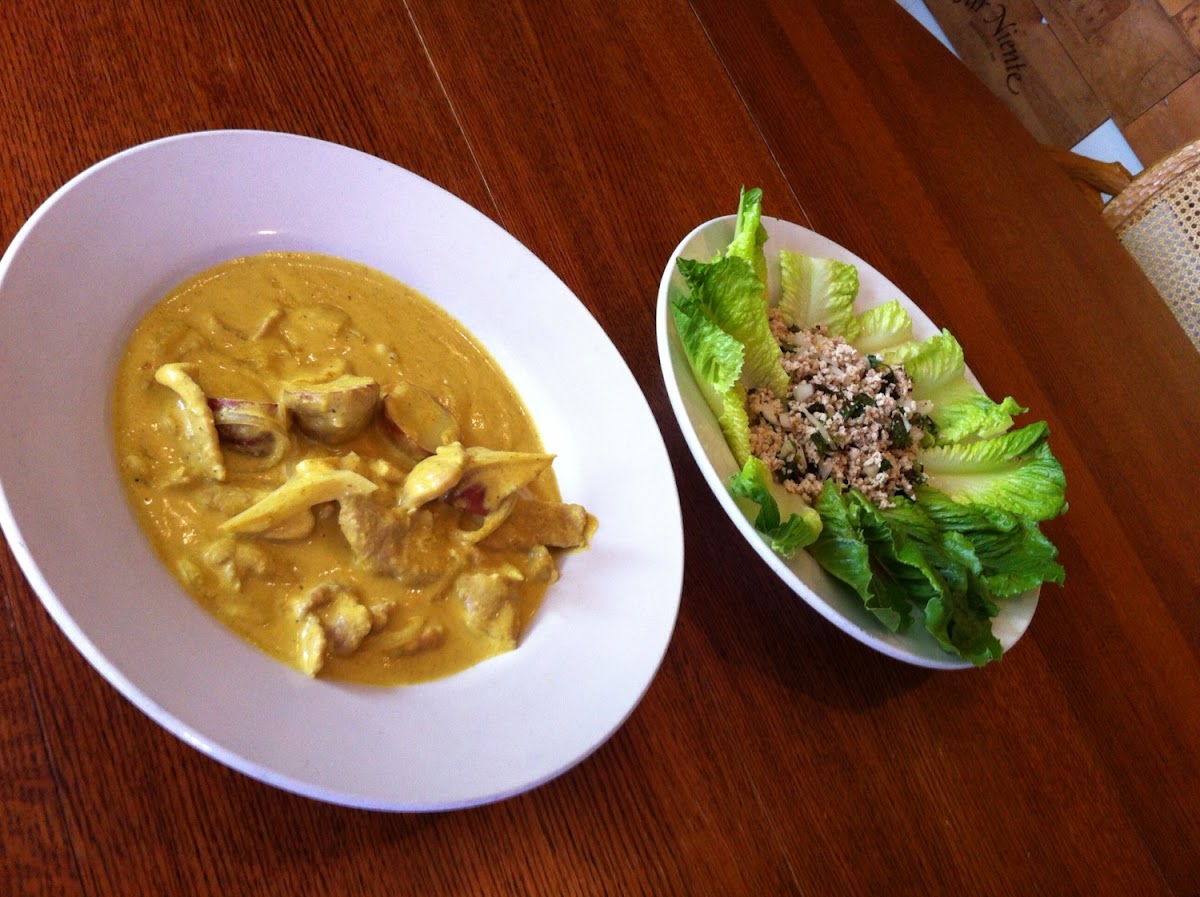 #36 Yellow Curry and #17 Clumsy Cluck with Lettuce instead of Cabbage. Both are naturally gluten fre