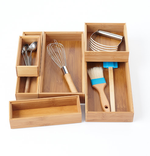 These wooden boxes, in different shapes and sizes, make great drawer and cabinet organizers.