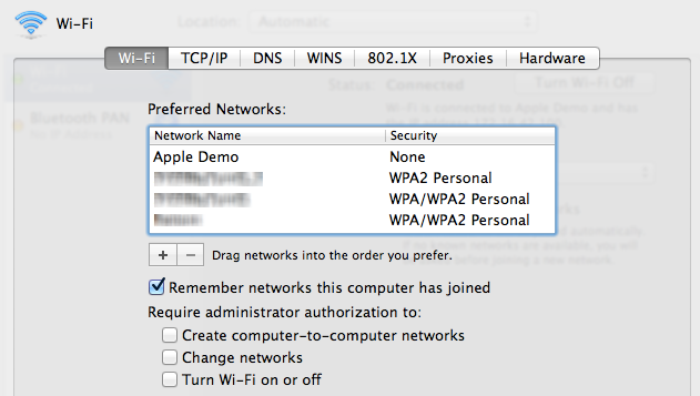 The "Apple Demo" network at the top of the network priority list