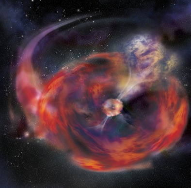 ilustração da emissão de raios gama pela fusão de estrelas