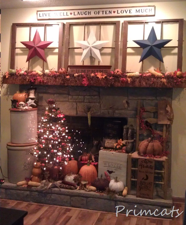 Primitive Fall Decorating...with old windows, fall tree & barn stars