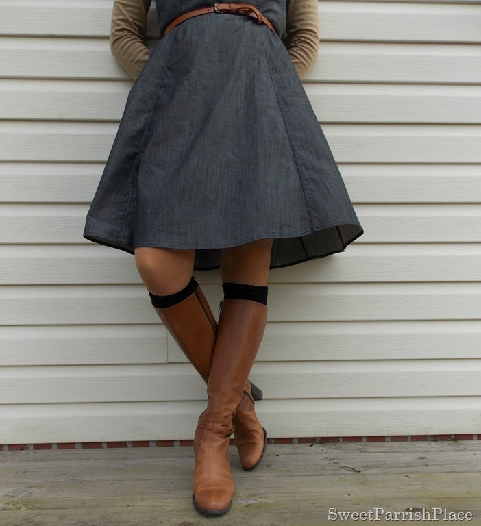 Grey denim dress with brown boots3