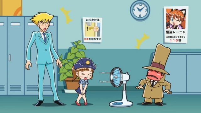 Rookie and lead detectives are surprised as the young policewoman's skirt is blown up by a conveniently placed ocillating fan