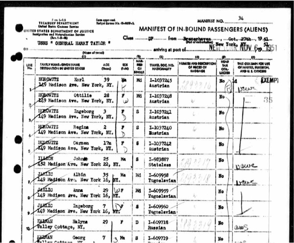 Illich Passenger List  1951
