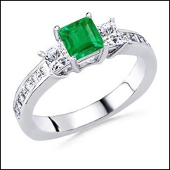 Square Emerald and Diamond Three Stone Ring