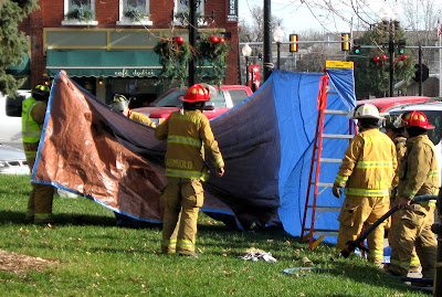 A decontamination area was set up in Central Park; firefighters used a hose to rinse possibly dangerous materials off of two suspects