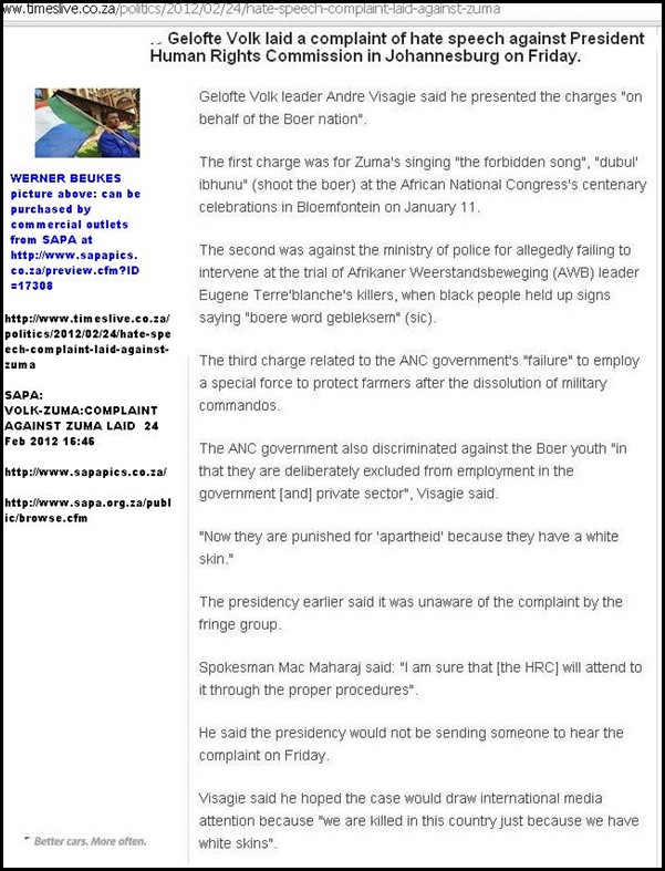 ZUMA GETS HATESPEECH COMPLAINT AGAINST HIM AT HUMAN RIGHTS COMMISSION FOR SINGING KILL THE BOER ON FEB 11 2012 BLOEM ZUMA GETS HATESPEECH COMPLAINT AGAINST HIM AT HUMAN RIGHTS COMMISSION FOR SINGING KILL THE BOER ON FEB 11 2012 BLOEM