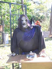 11.2011 Wellfleet Halloween yard 6 hooded white face with book to sign under the dome